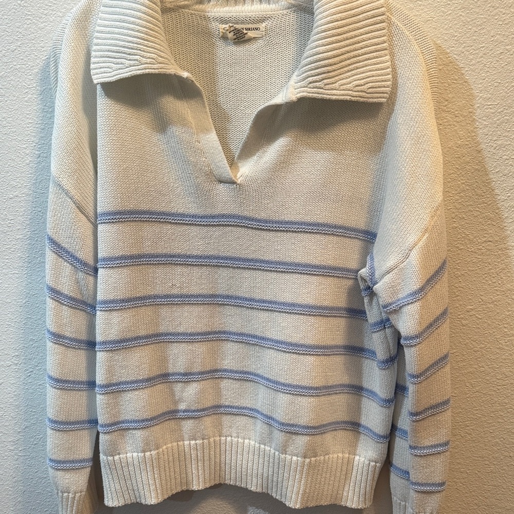 Christian Siriano Cream V-Neck Sweater with Light Blue Stripes